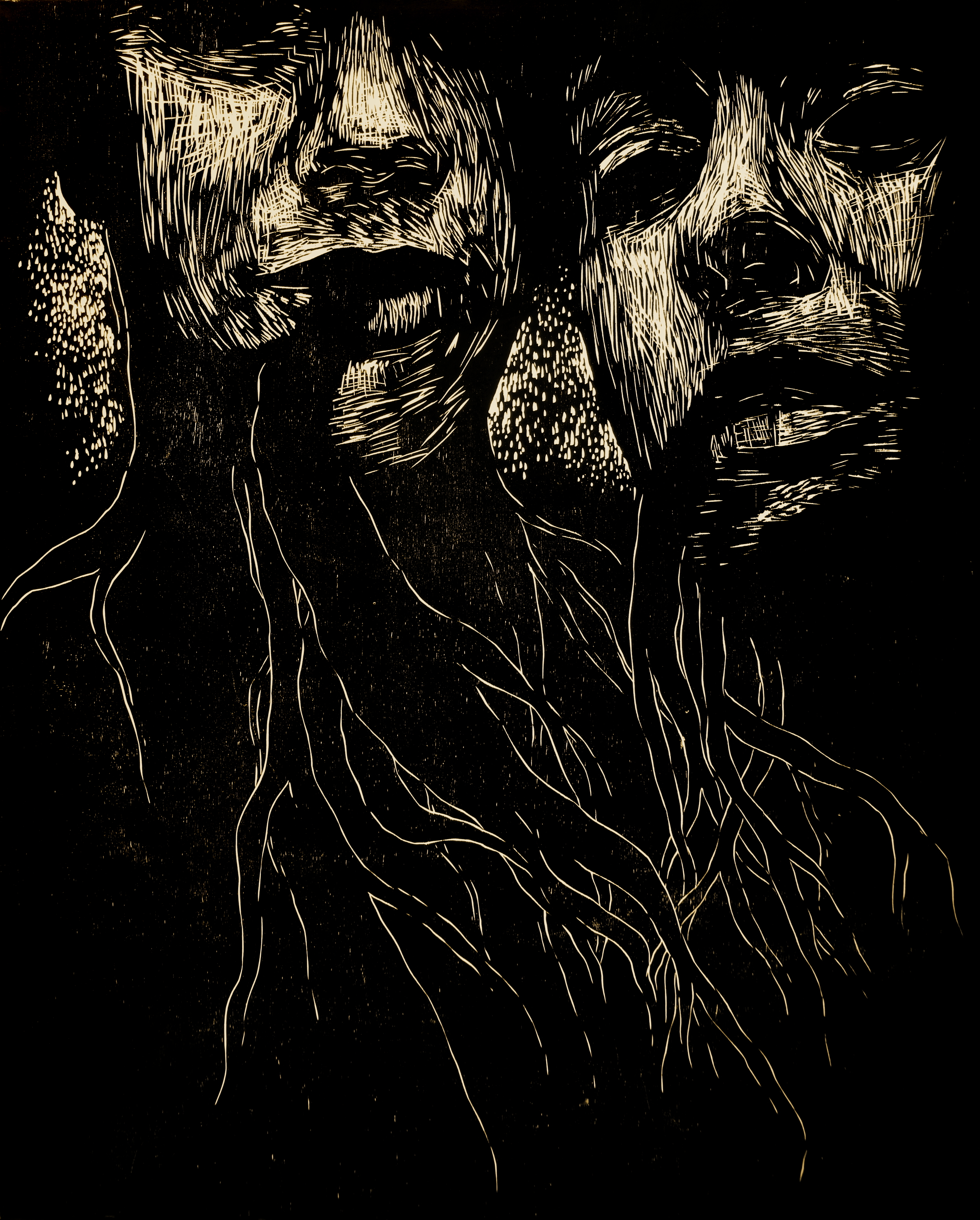 Iris Miranda - PERSONA II - gravure sur bois - 80 x 100 cm - 2019 Iris Miranda – Persona II, gravure sur bois 80x100 cm, 2019, exposition Gravures, L'Abbadiale Arras-en-Lavedan