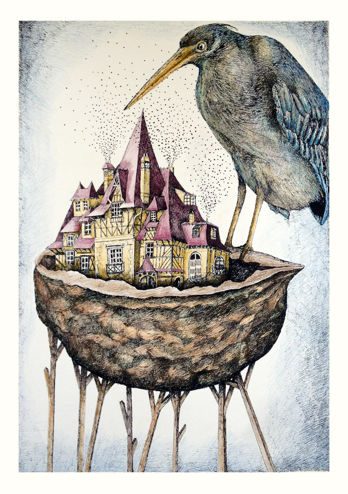 Melissa Tresse – Le grand échassier, sérigraphie 50x70 cm, 2019, exposition Gravures, L'Abbadiale Arras-en-Lavedan