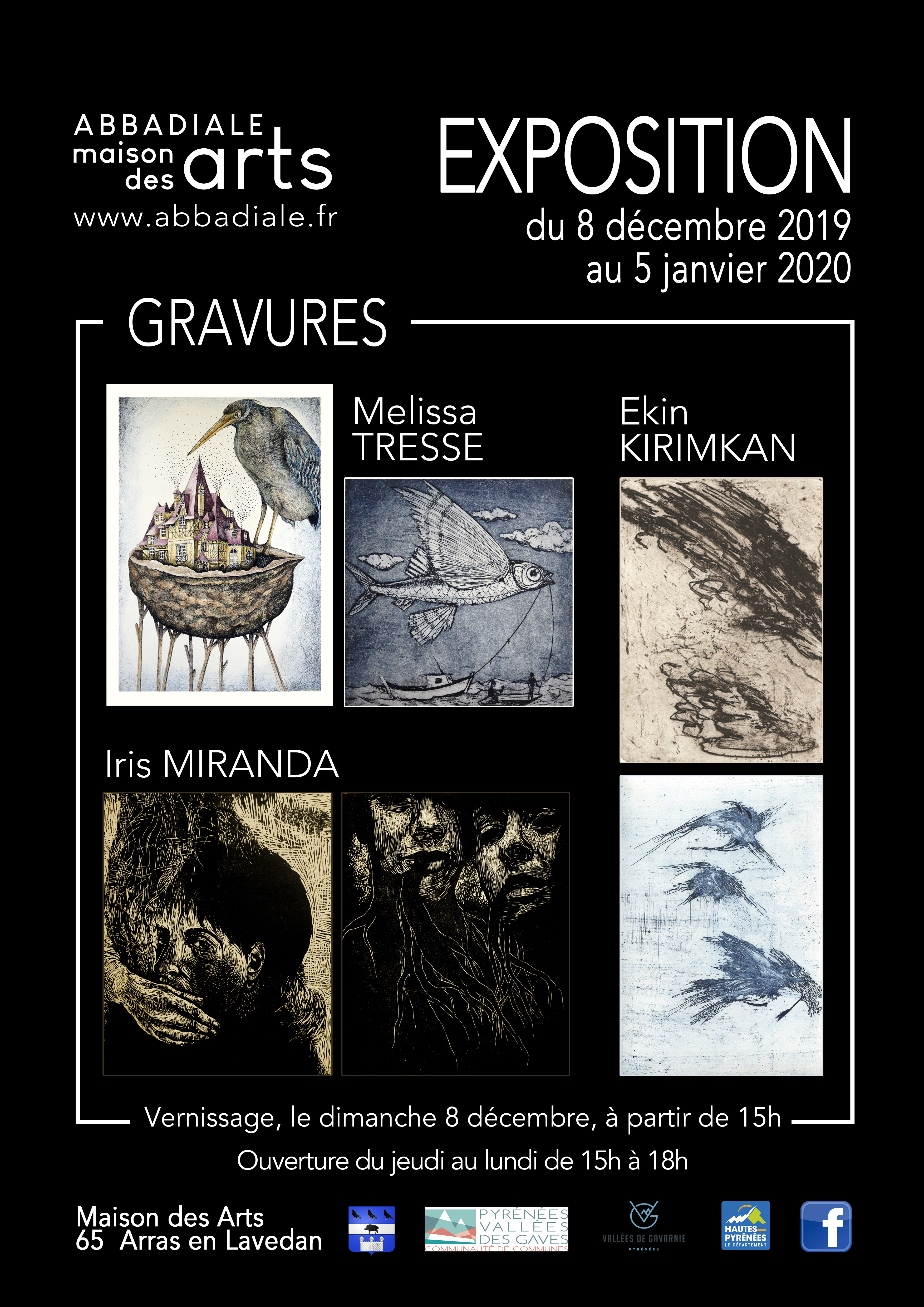 abbadiale, gravure, tresse,Miranda, Kirimkan, Arras-enLavedan,65 Affiche de l'exposition Gravures – Ekin Kirimkan, Iris Miranda, Melissa Tresse, L'Abbadiale décembre 2019 – janvier 2020