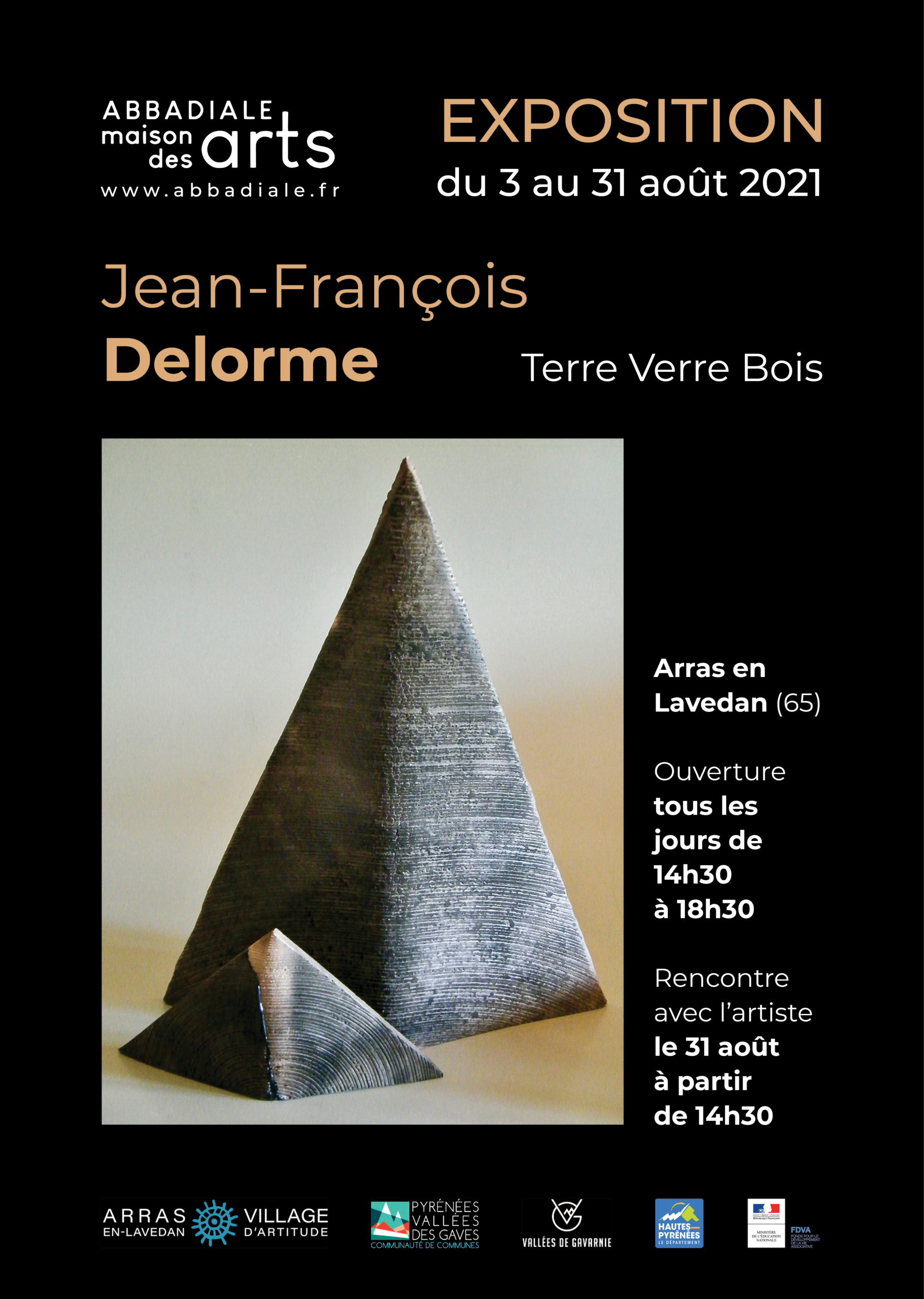 Affiche de l'exposition Jean-François Delorme – bois, terre, verre, L'Abbadiale Arras-en-Lavedan, août 2021
