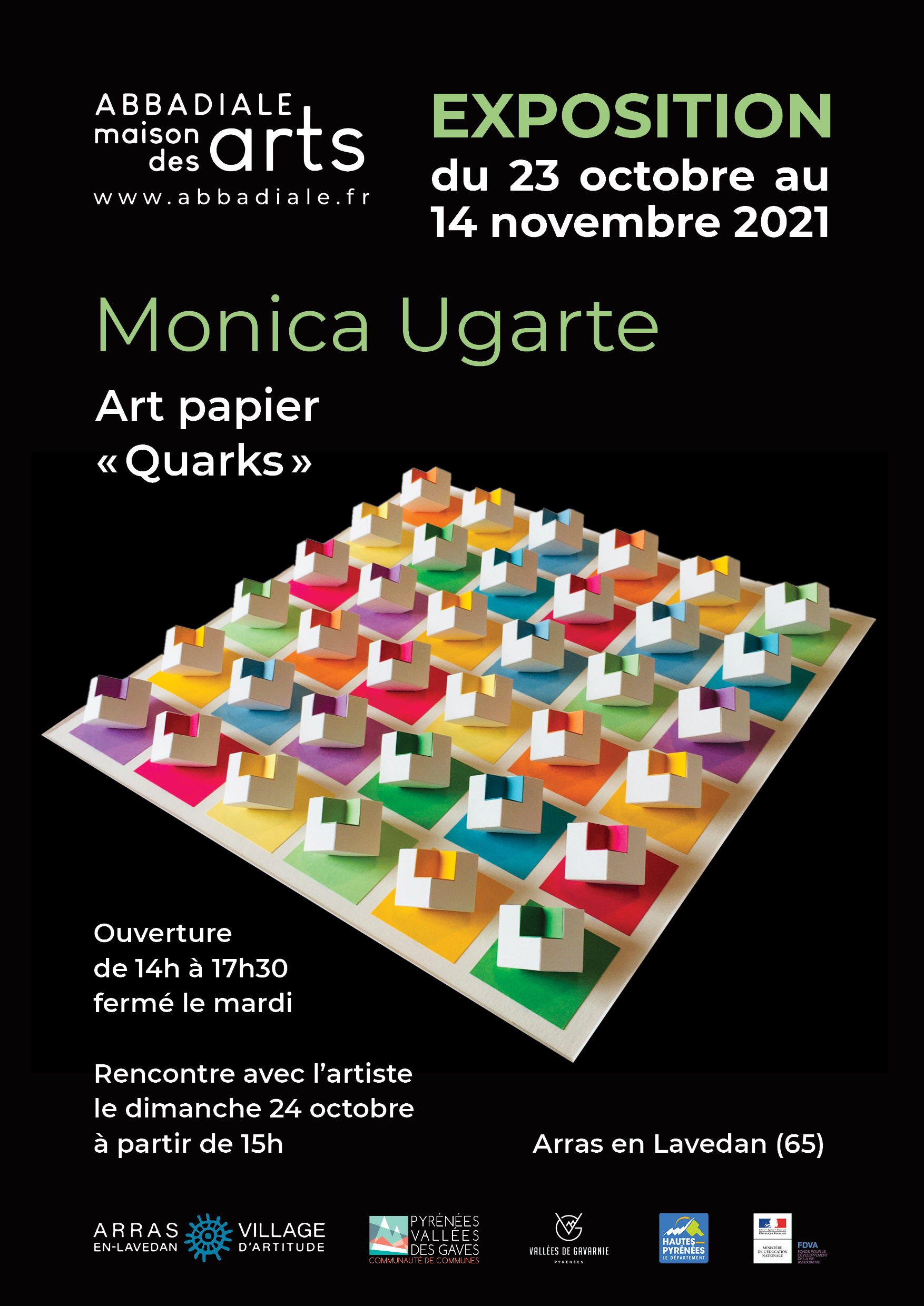 Affiche de l'exposition Quarks – Monica Ugarte, art papier et sculpture cinétique, L'Abbadiale octobre-novembre 2021