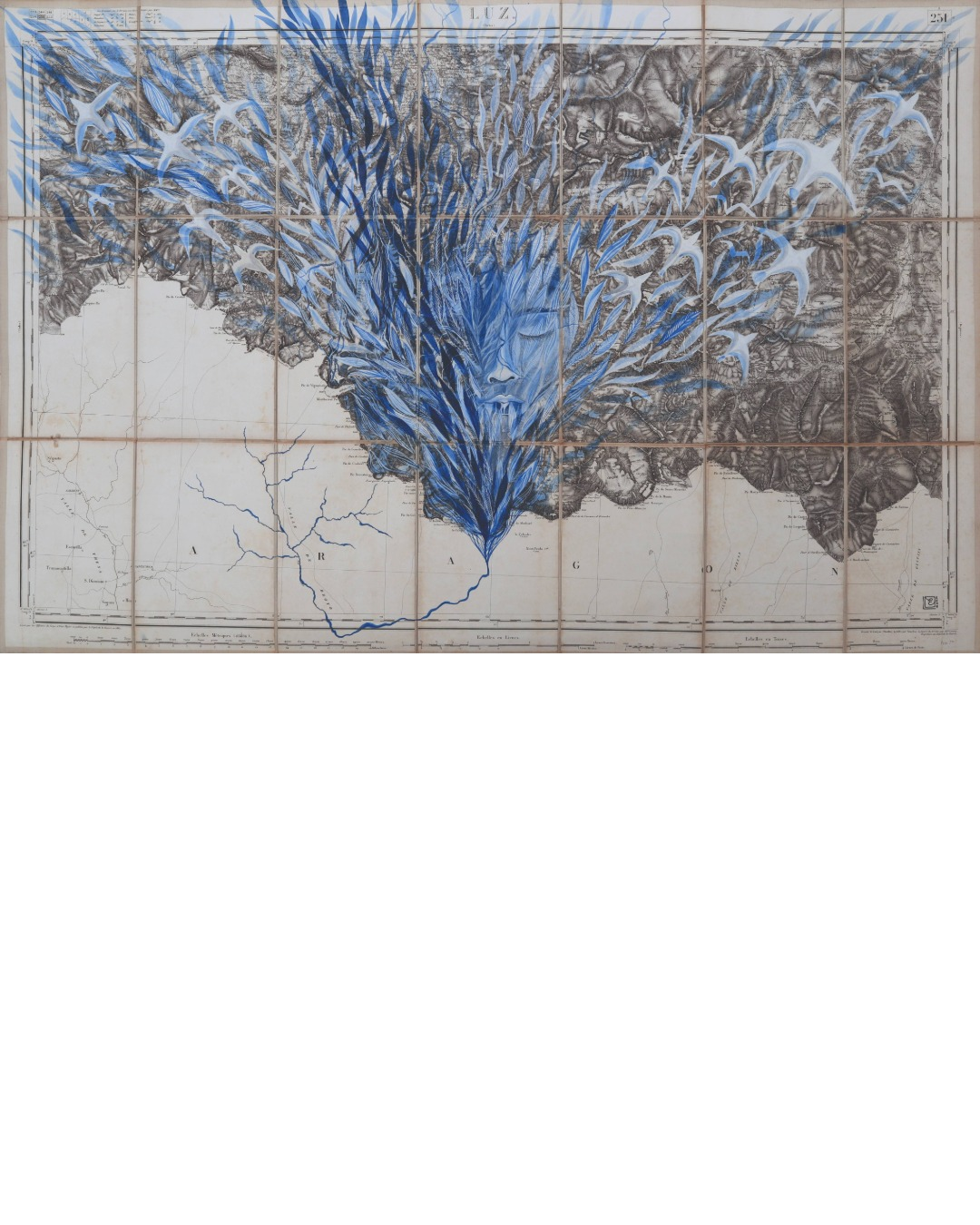 Eela Laitinen – peinture sur carte ancienne des Pyrénées, série Montagne multiple, L'Abbadiale 2024