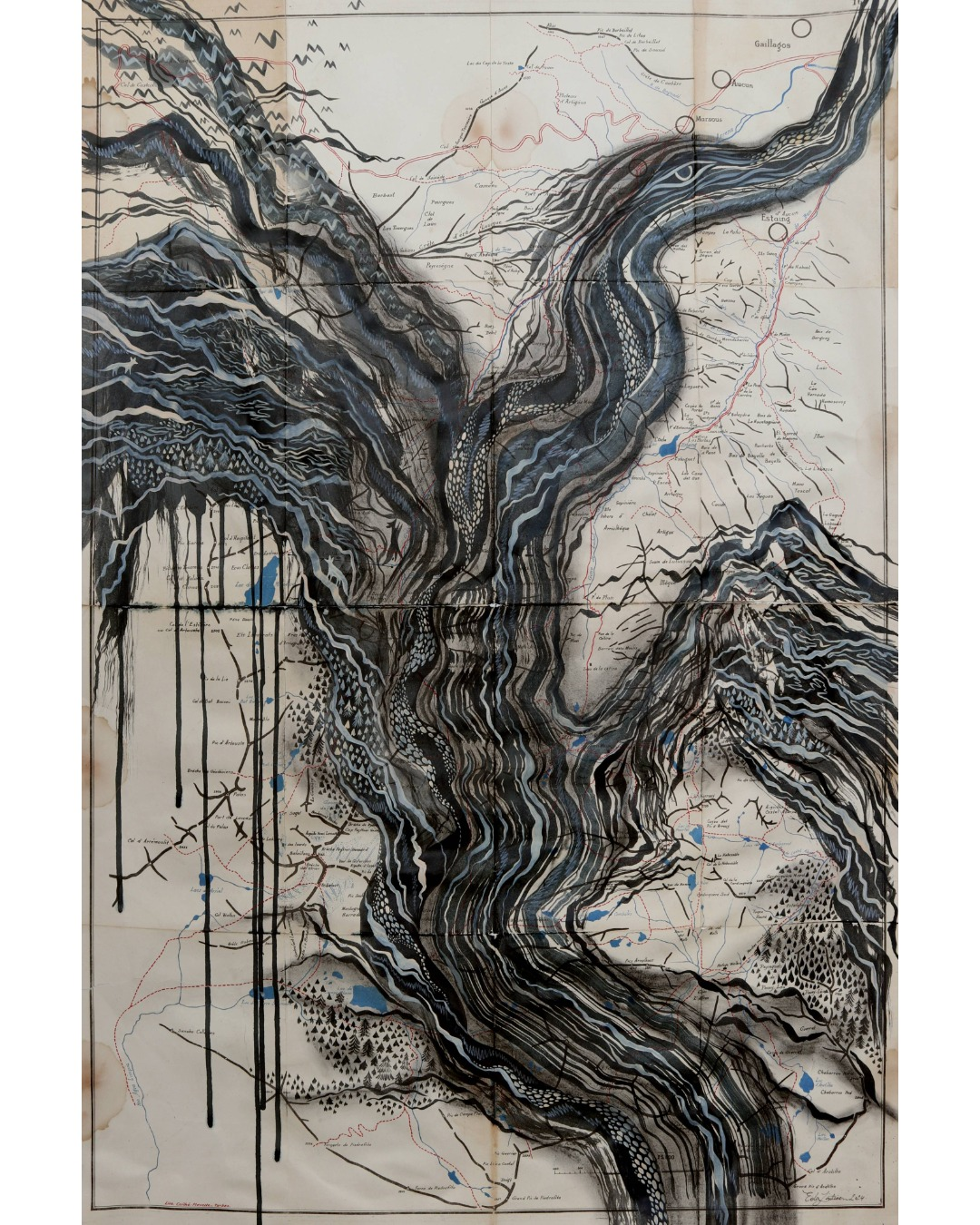 Eela Laitinen – peinture sur carte ancienne des Pyrénées, série Montagne multiple, L'Abbadiale 2024