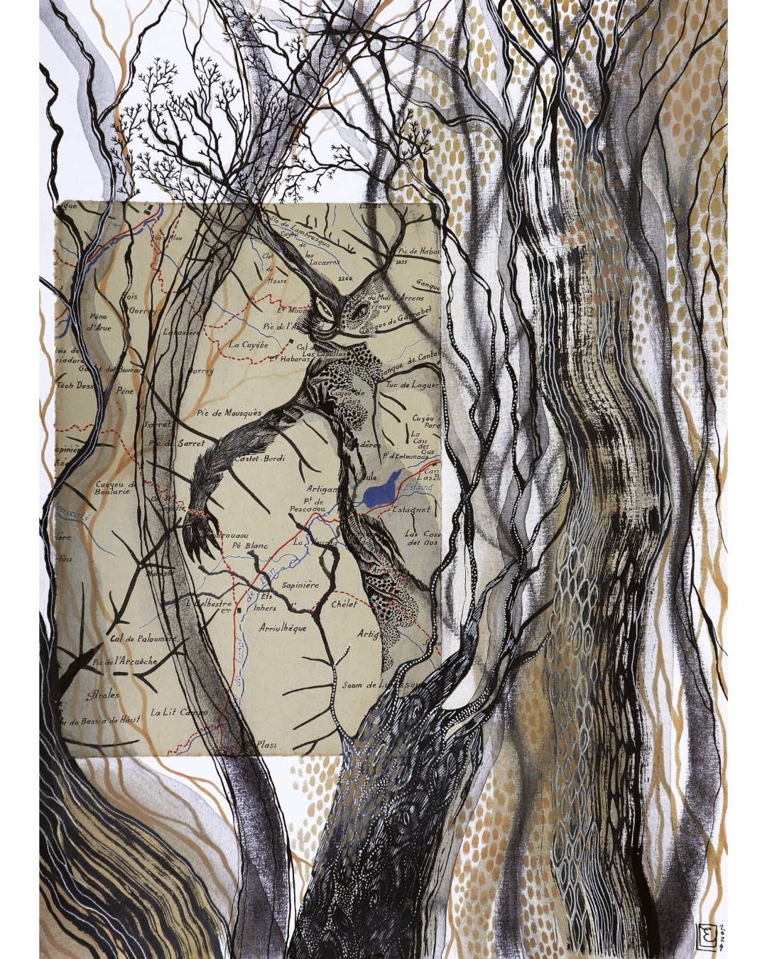 Eela Laitinen – peinture sur carte ancienne des Pyrénées, série Montagne multiple, L'Abbadiale 2024