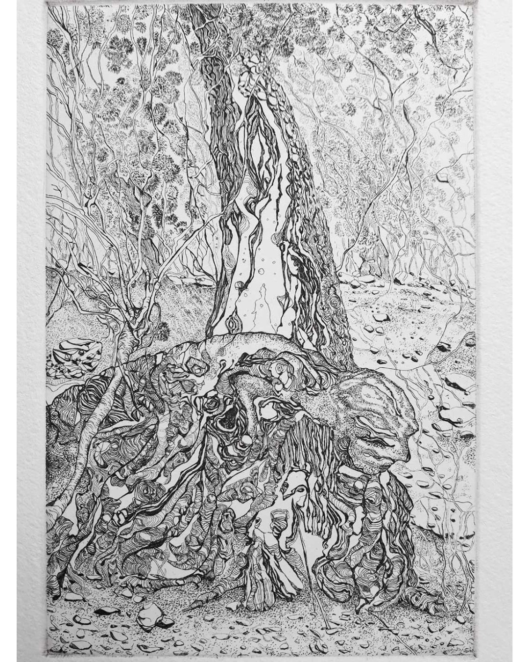 24-12_noel-28-IGw Landry Gicquiaux – gravure paysage de montagne et arbres, exposition collective de Noël 2024, L'Abbadiale