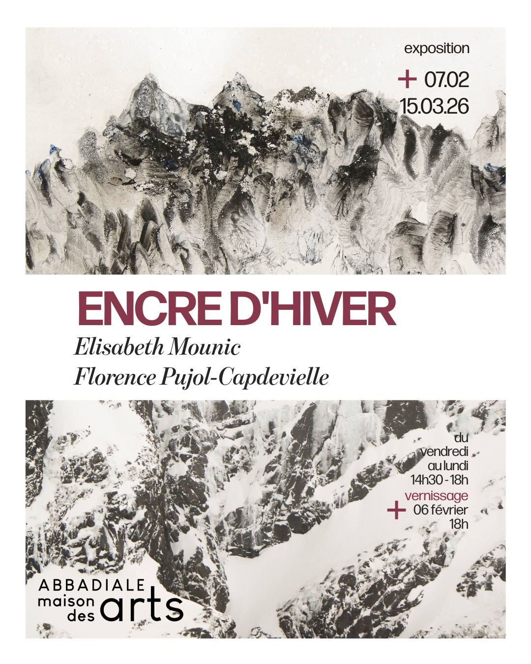 Affiche de l'exposition Encre d'hiver – Florence Pujol-Capdevielle, photographie et textes, Abbadiale Arras-en-Lavedan, février-mars 2026