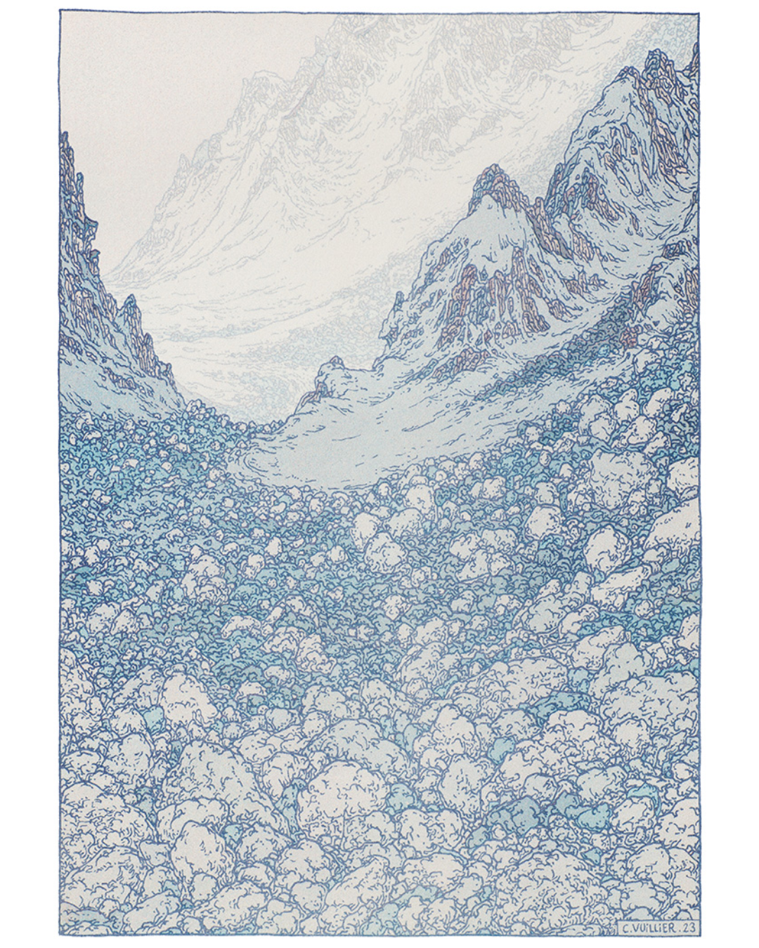 Cirque alpin avec végétation dense et cimes rocheuses, risographie de Clément Vuillier pour Histoire d'une montagne, Élisée Reclus