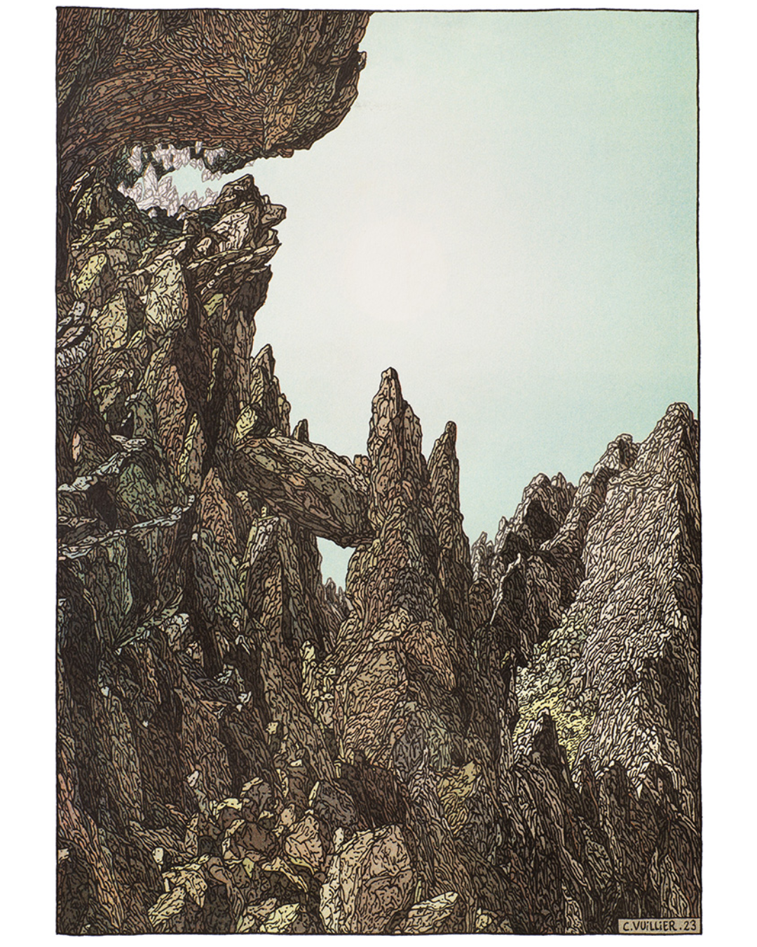 Aiguilles rocheuses escarpées vues du bas sous un ciel pâle, risographie de Clément Vuillier pour Histoire d'une montagne, Élisée Reclus