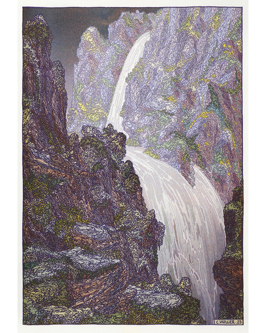 Cascade tombant d'une paroi rocheuse dans un canyon végétalisé, risographie de Clément Vuillier pour Histoire d'une montagne, Élisée Reclus