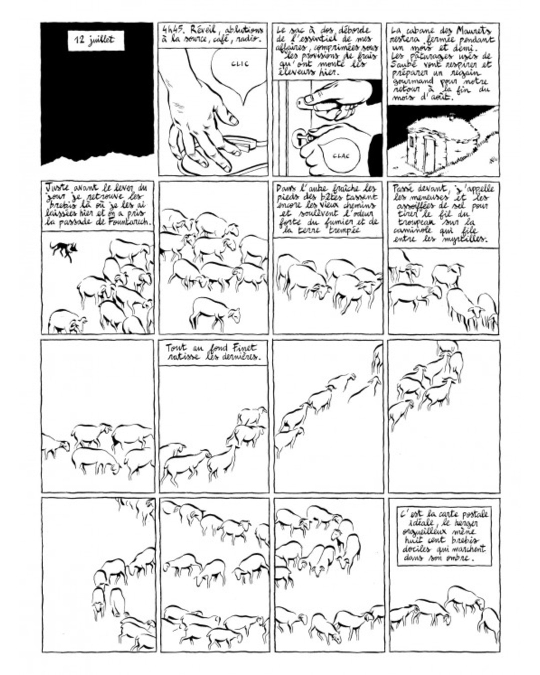 26-06_Lignes de crete-3-IG Planche de Maxim Cain extraite de Démontagner (Actes Sud BD, 2025) — berger et troupeau de brebis en estive dans les Pyrénées ariégeoises