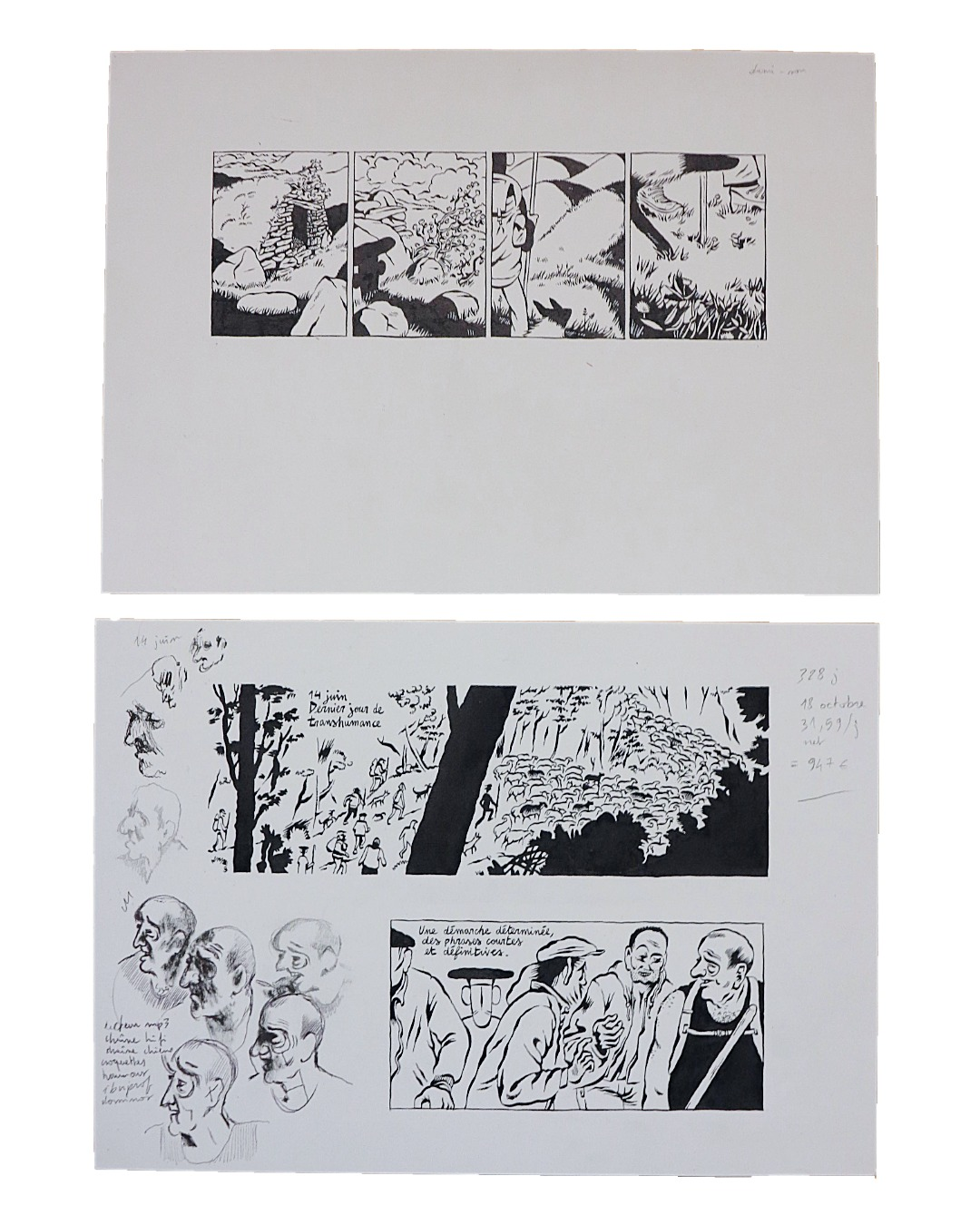 26-06_Lignes de crete-4-IG Dessin préparatoire de Maxim Cain pour Démontagner, récit pastoral autobiographique en noir et blanc