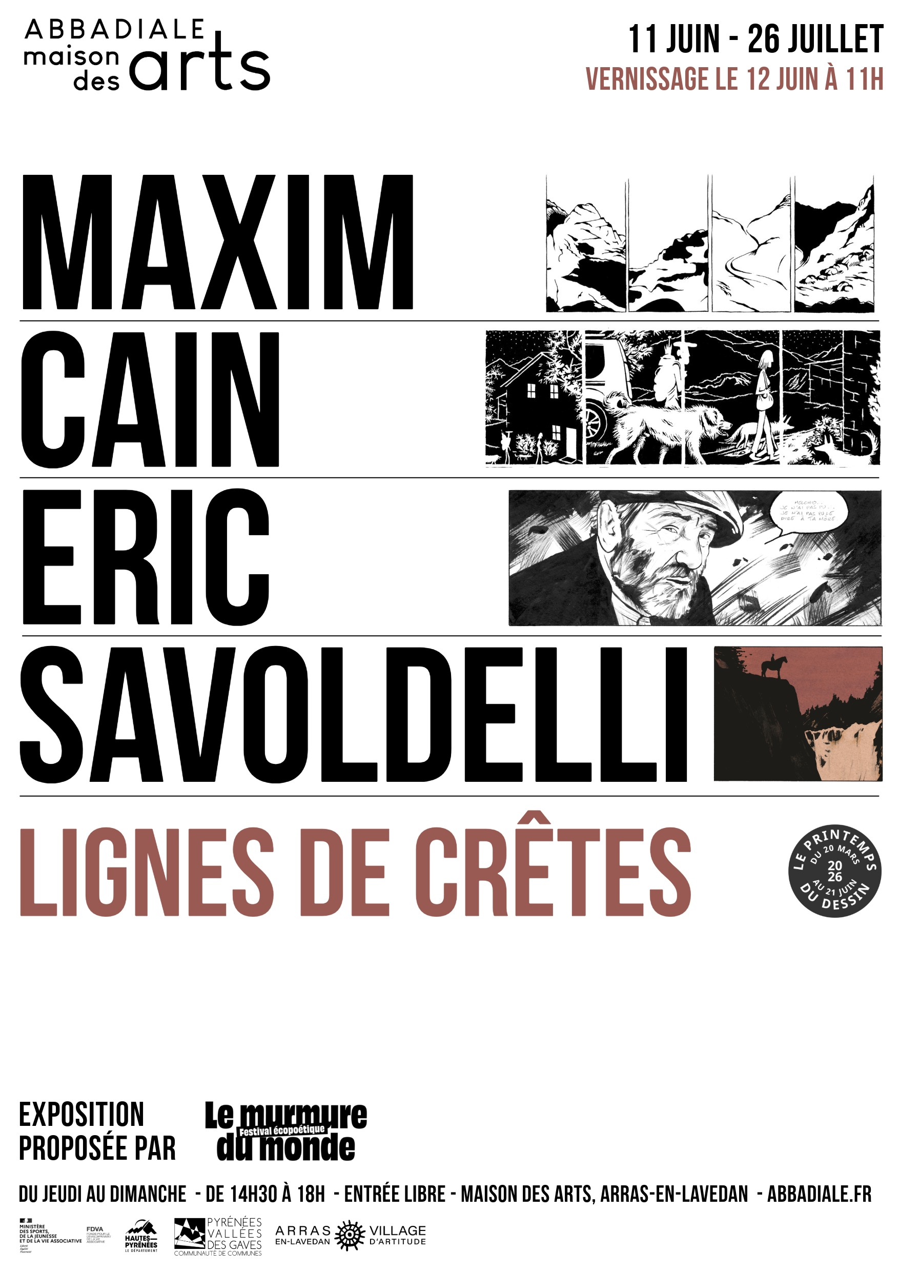 26-06_Lignes de cretes-3-A3 Affiche de l'exposition consacrée à Maxim Cain et Eric Savoldelli, Lignes de crêtes, à l'Abbadiale, juin, juillet 2026